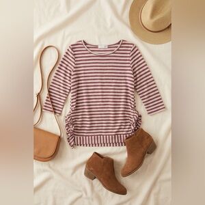 068 Red Lolly Mauve Stripe Ruffle Split Hem 3/4 Sleeve Top